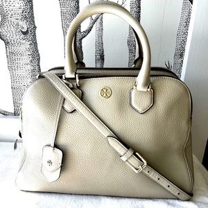 TORY BURCH Robinson Pebbled Triple Zip Satchel Crossbody, Beige